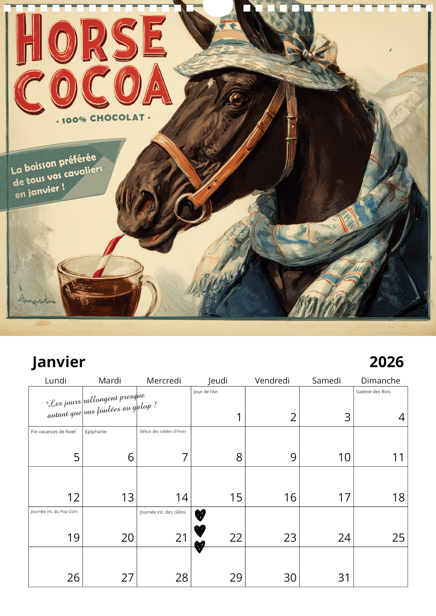 Calendrier mural chevaux 2026 : "Bien dans ses sabots"