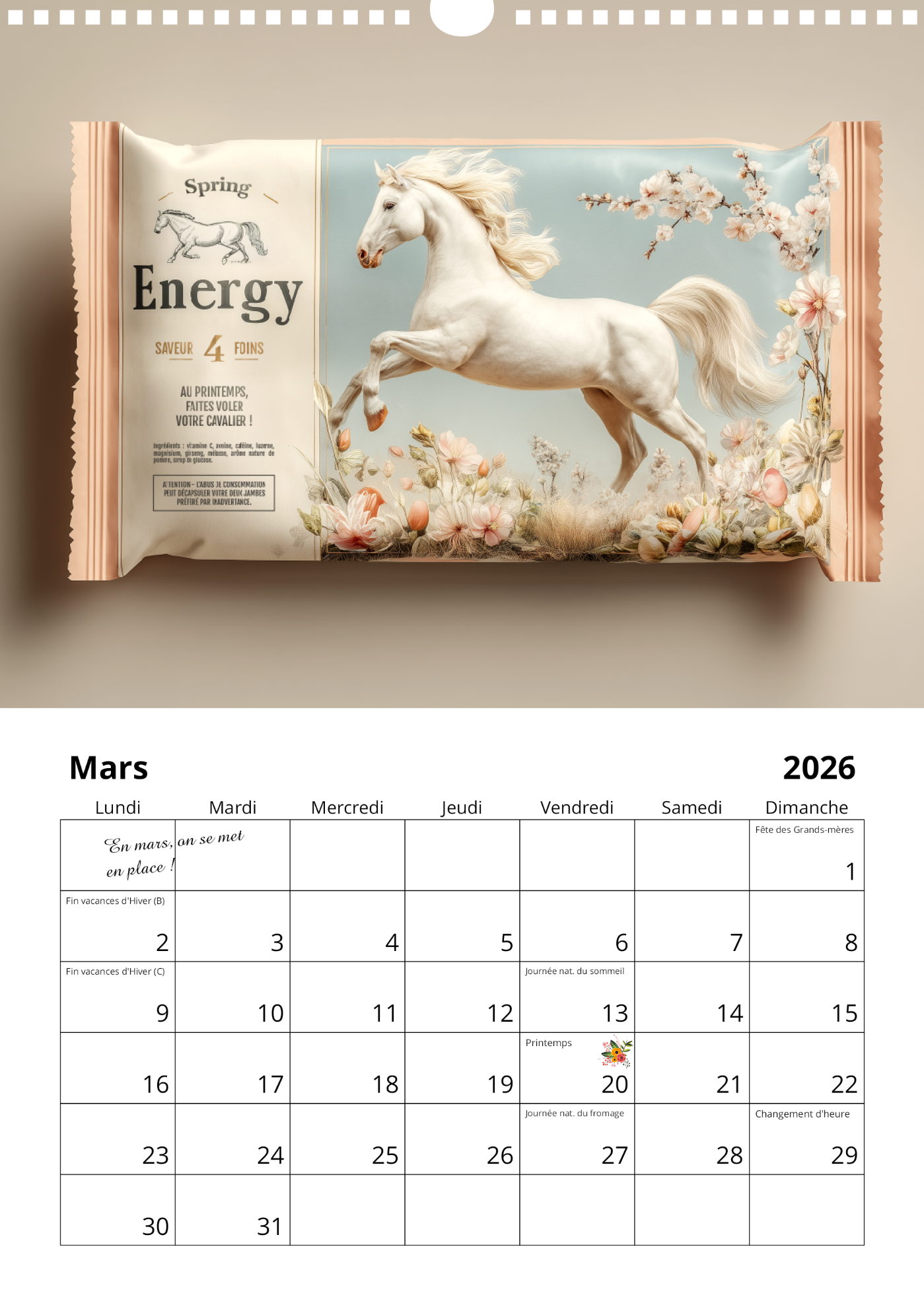Calendrier mural chevaux 2026 : "Bien dans ses sabots"