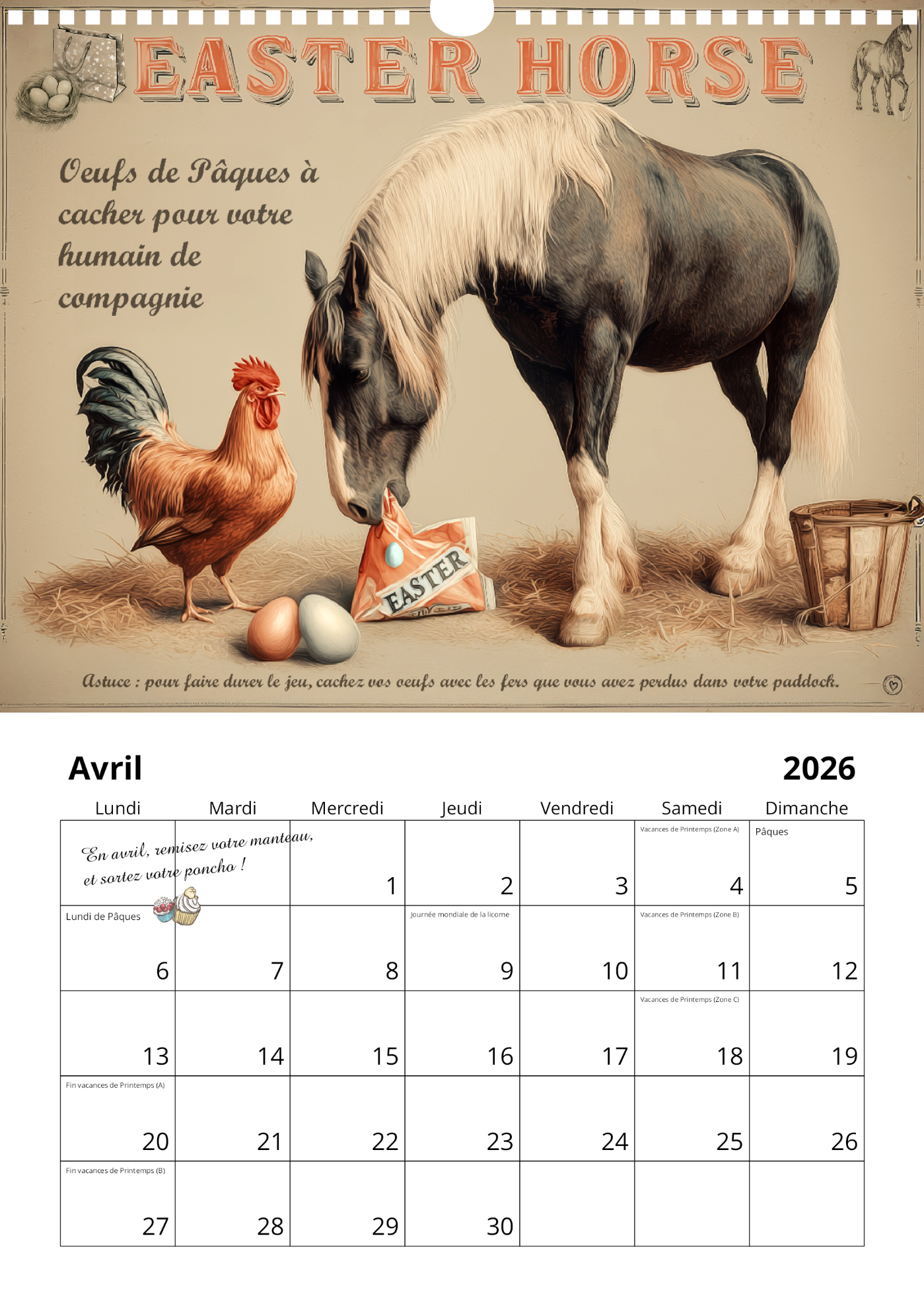 Calendrier mural chevaux 2026 : "Bien dans ses sabots"