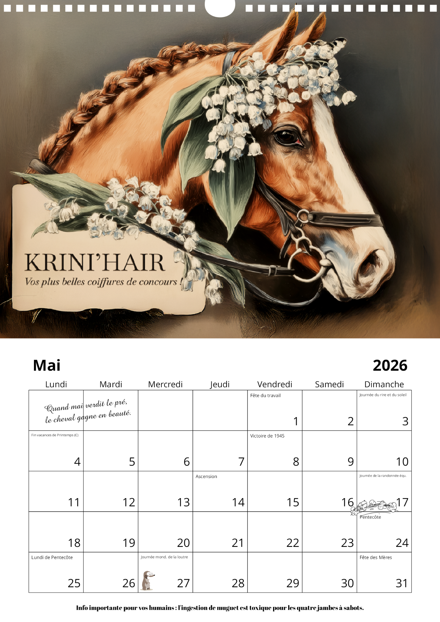 Calendrier mural chevaux 2026 : "Bien dans ses sabots"
