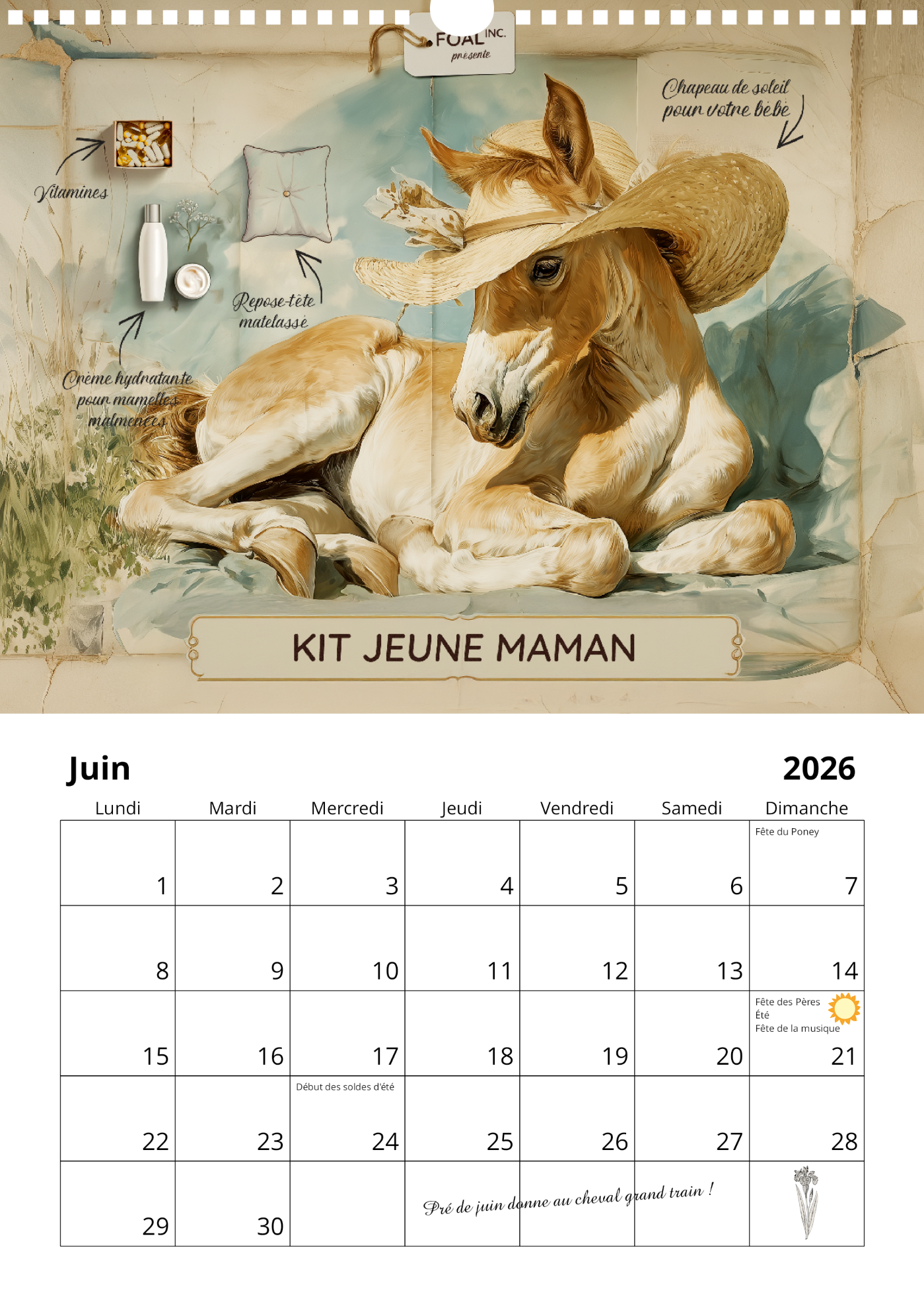Calendrier mural chevaux 2026 : "Bien dans ses sabots"