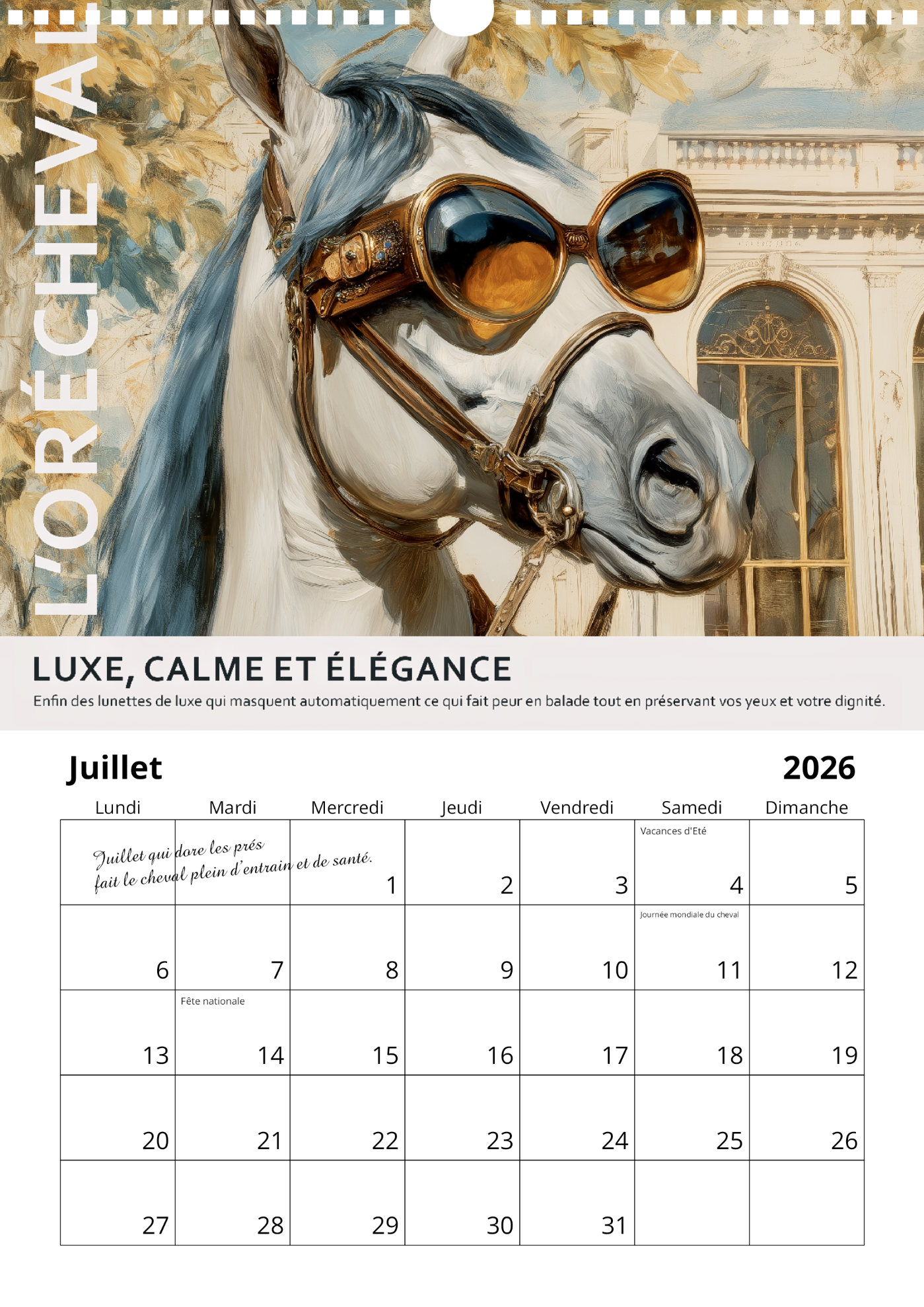 Calendrier mural chevaux 2026 : "Bien dans ses sabots"
