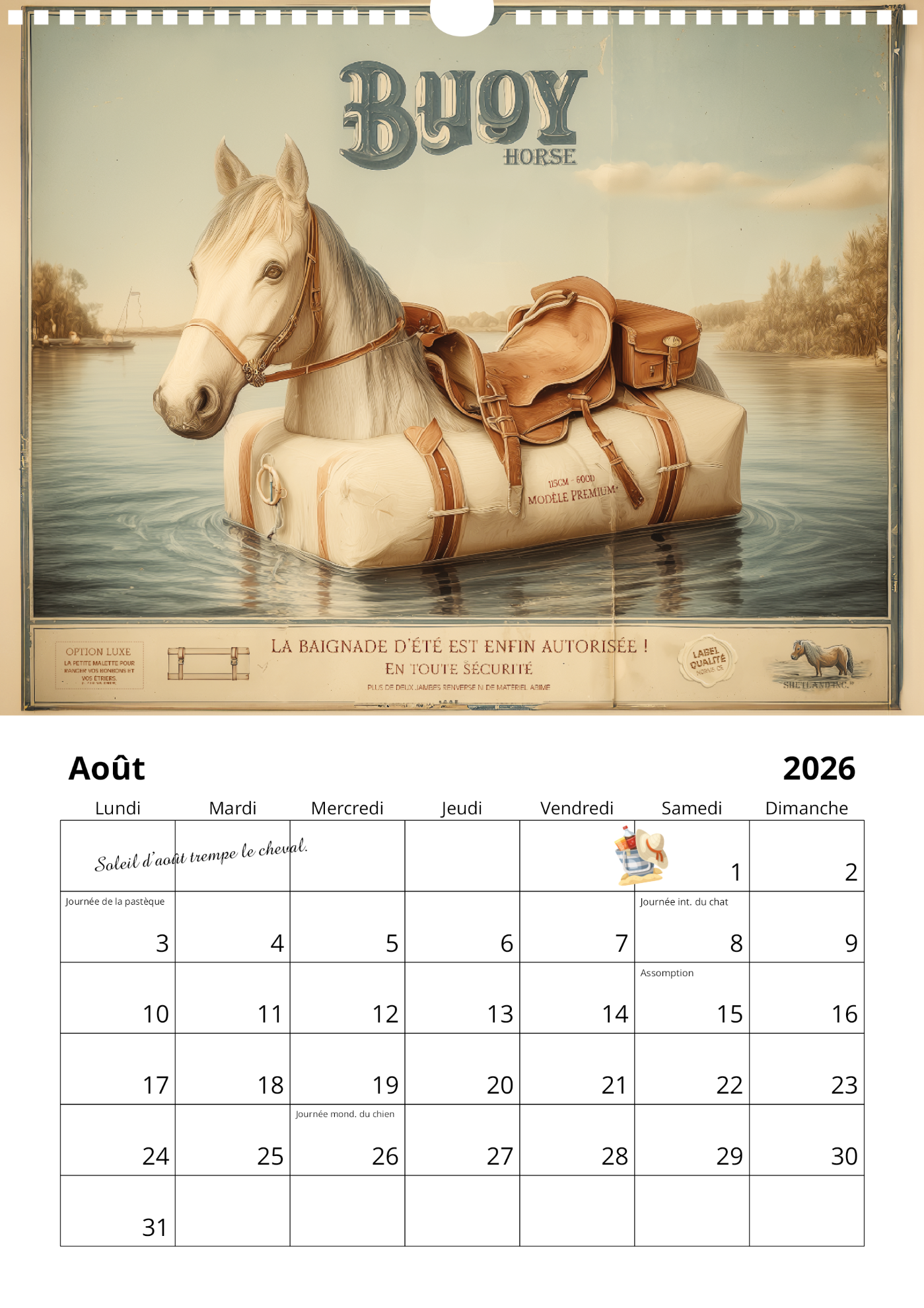 Calendrier mural chevaux 2026 : "Bien dans ses sabots"