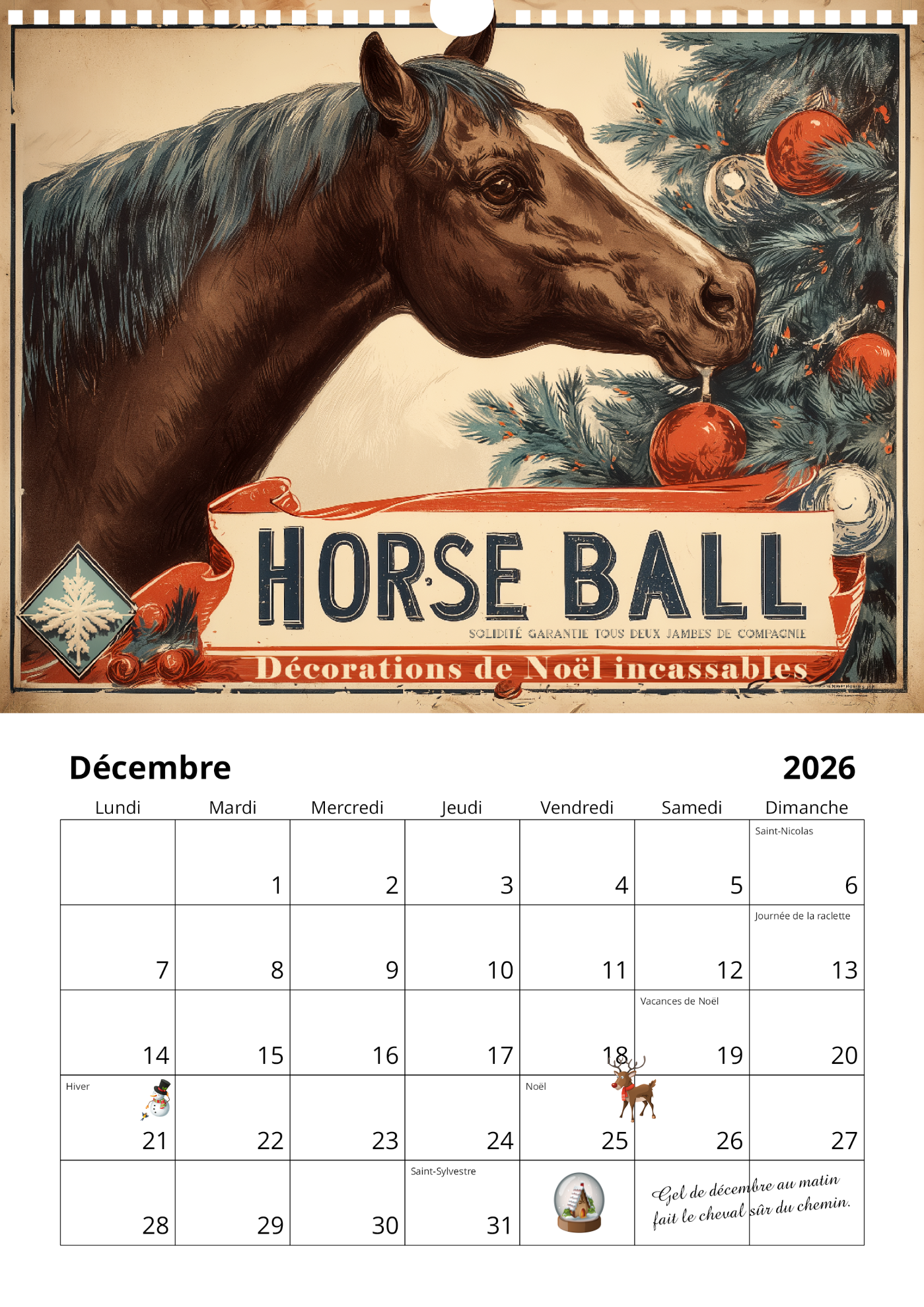 Calendrier mural chevaux 2026 : "Bien dans ses sabots"